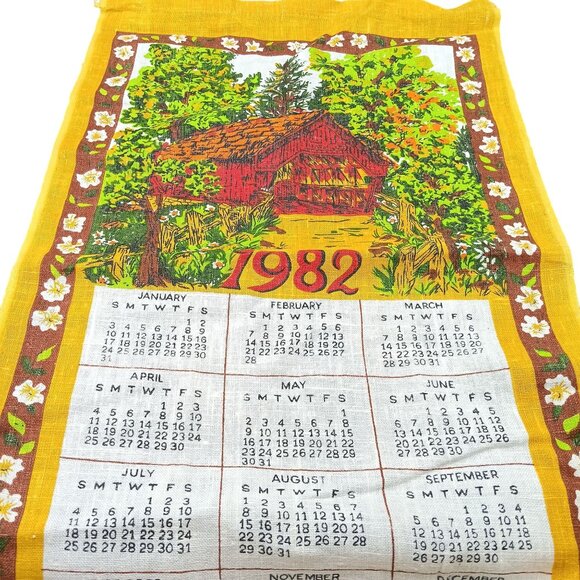 Vintage 1982 Calendar Tea Towel With Rustic Covered Bridge Design Cotton - Picture 1 of 3
